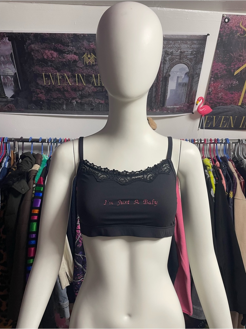 No Boundaries Embroidered I’m Just A Baby Bralette Size Large Black Pink